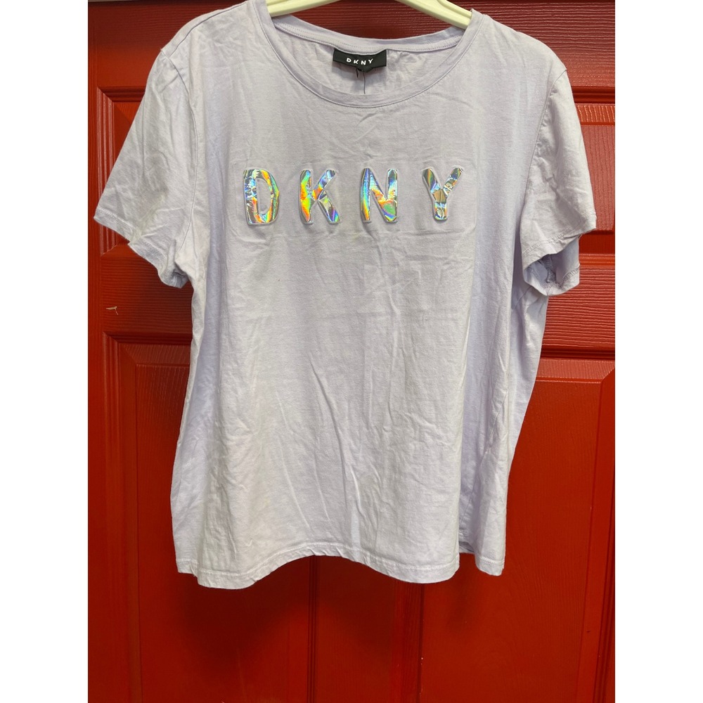 DKNY Lavender Purple T-Shirt Iridescent Holographic Logo Short Sleeve Tee